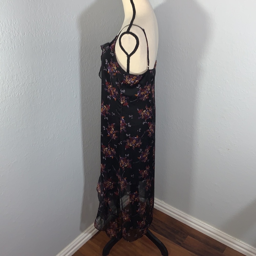 1.STATE Black Wildflower Ruffle Midi Dress Sleeveless V Neck Lined Size Medium - Picture 3 of 15
